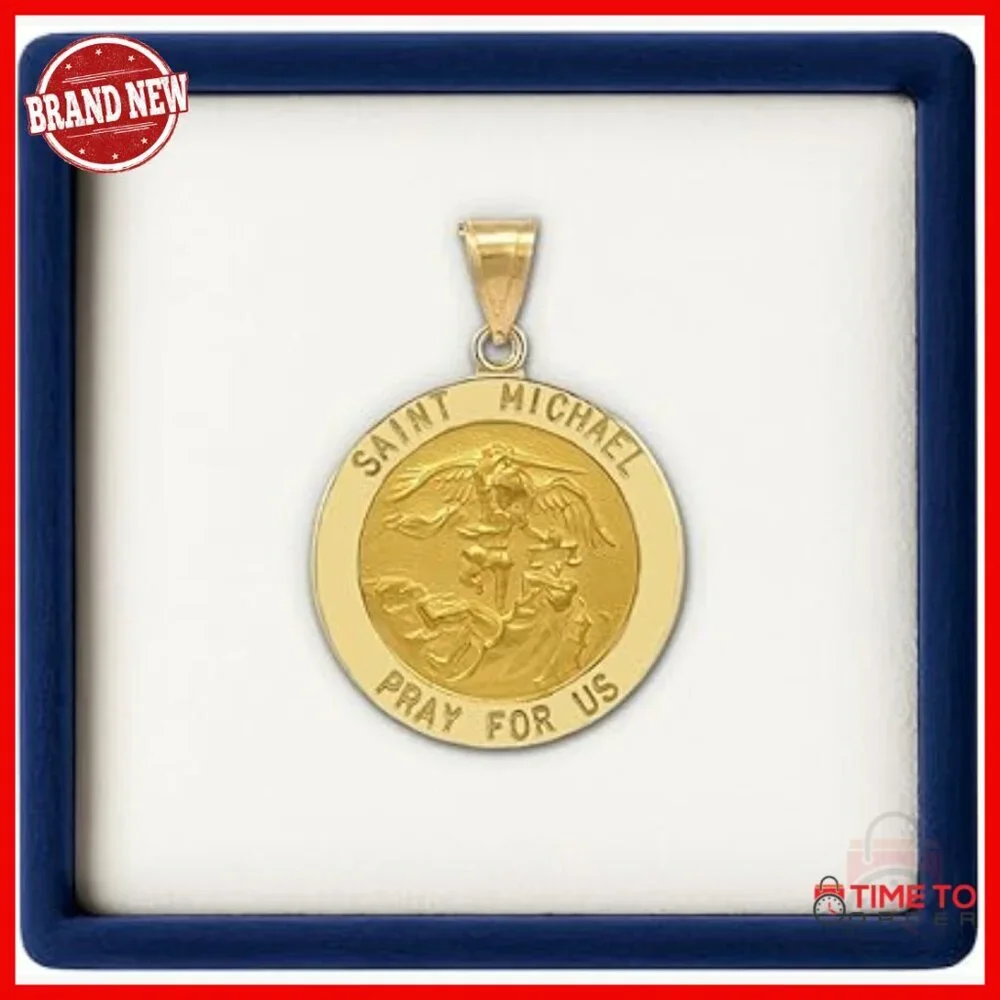 14K Gold Saint Michael Pendant, 1 Inch Religious Jewelry for Men Women